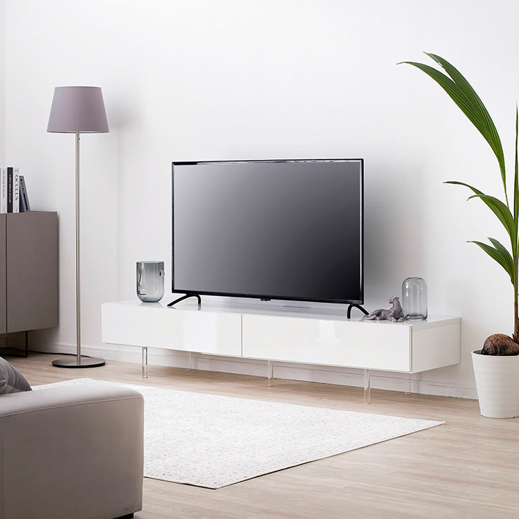 Low TV stand, semi-finished product, clear legs, cord storage, slide storage