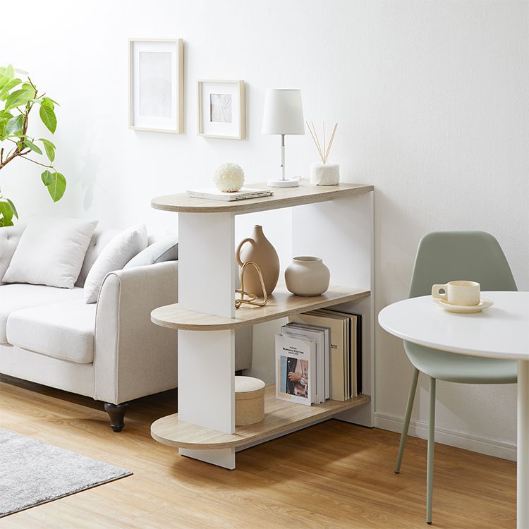 Open shelves, visible storage, partitions, side tables