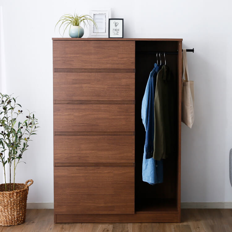 Hanger rack storage with drawers and side hooks, wood grain finish