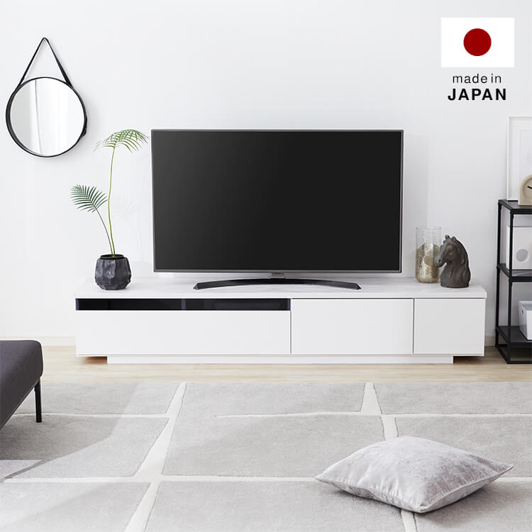 Low TV stand with storage, marble pattern, marble furniture, cord hole, made in Japan, finished product