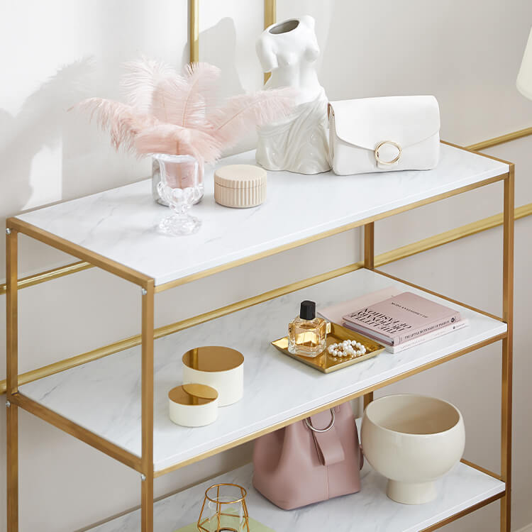 Display rack (4 shelves) with open shelves, gold legs and marble pattern