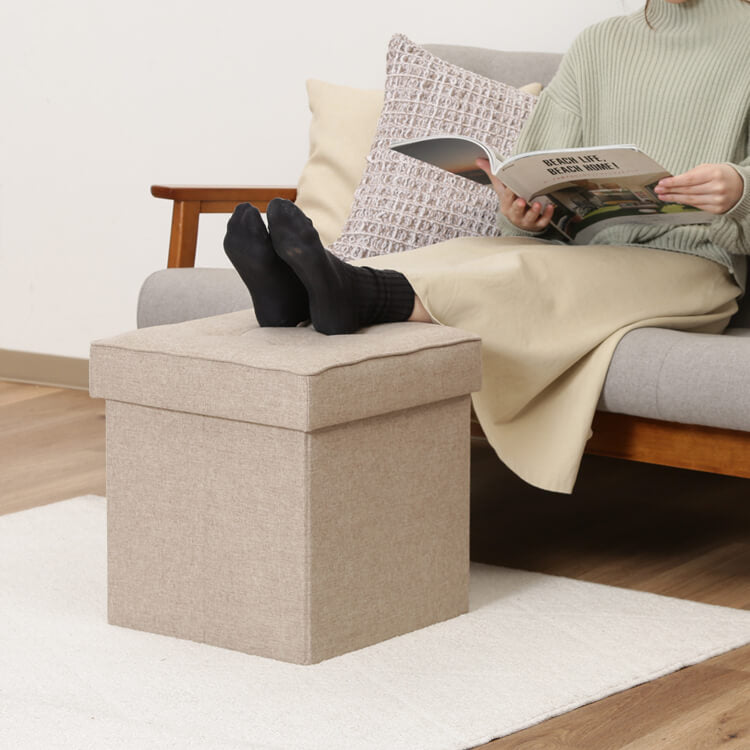 Storage stool, foldable, beige/herringbone grey