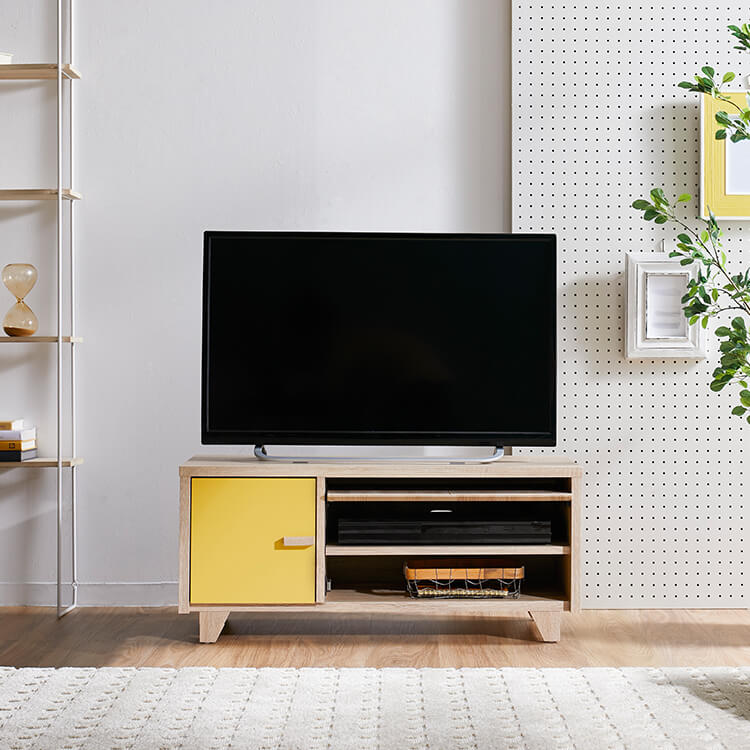 Low TV stand, 32-inch, wooden, with storage, Scandinavian style, with 2 doors of different colors