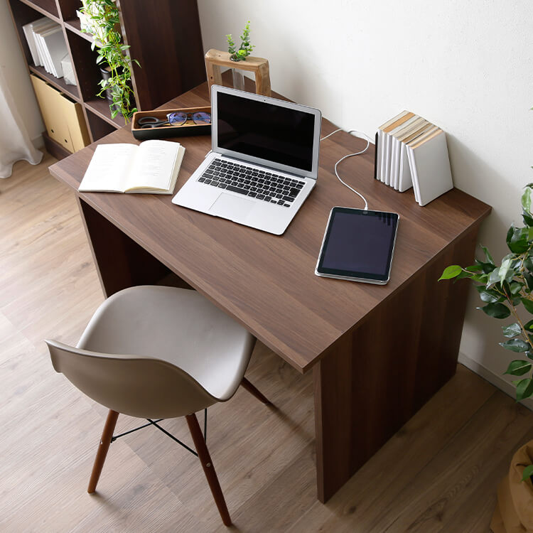 Work desk with power strip storage, flat desk, wood grain, office [width 100]