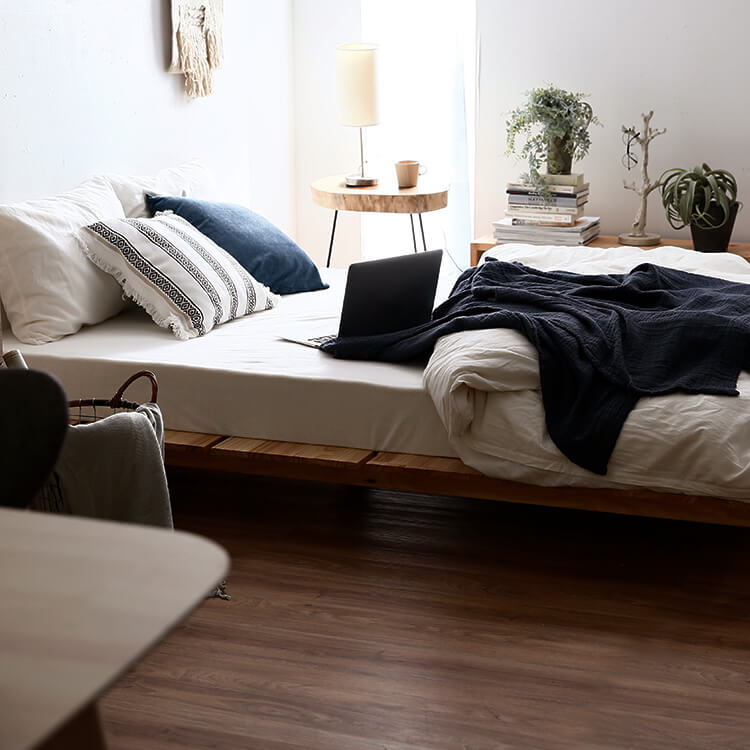 Bed frame, low type, slatted base, wooden, solid pine [D]