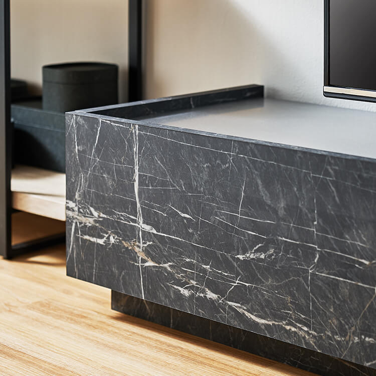 Japanese-made low TV stand with storage, steel legs, marble pattern, marble furniture