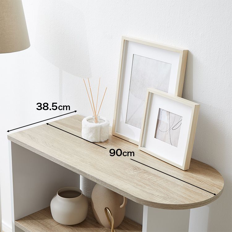 Open shelves, visible storage, partitions, side tables