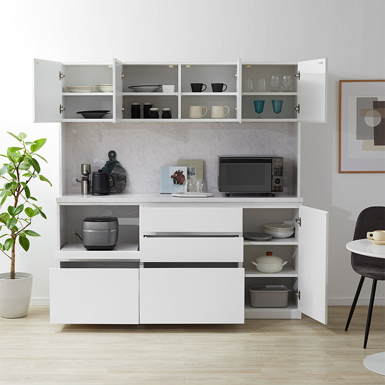 日本製 食器棚 キッチン収納 レンジ台 スライドカウンター付 引き出し 大理石調