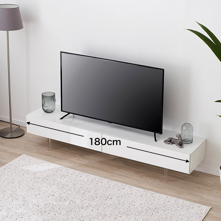 Low TV stand, semi-finished product, clear legs, cord storage, slide storage