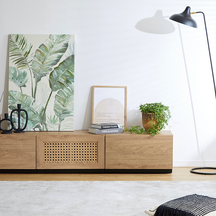 Rattan-style TV stand, wooden, steel legs, rearrangeable, Korean interior