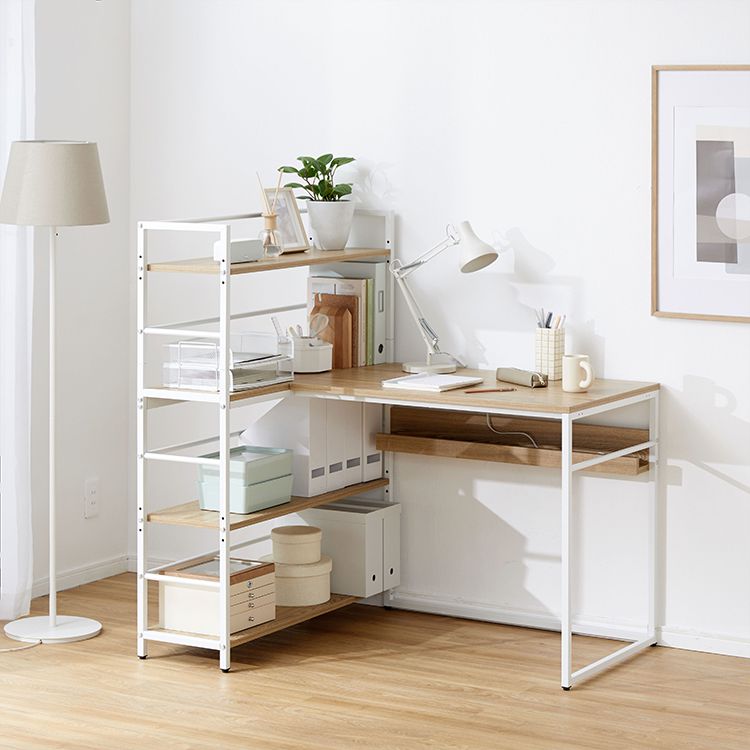 Computer desk with bookshelf and storage, corner desk, wood grain finish