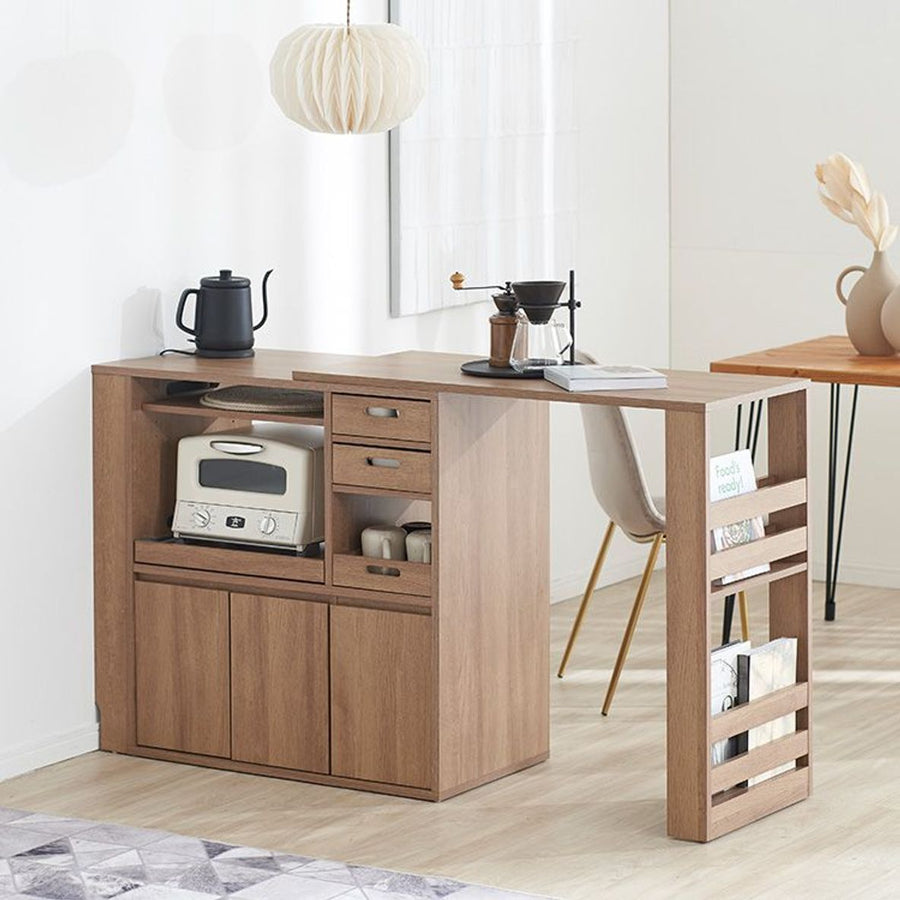 伸縮式キッチンカウンター 食器棚 木目調