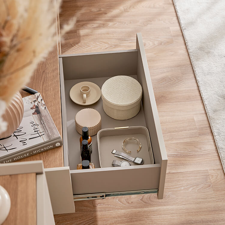 A stylish TV stand in shabby natural and beige