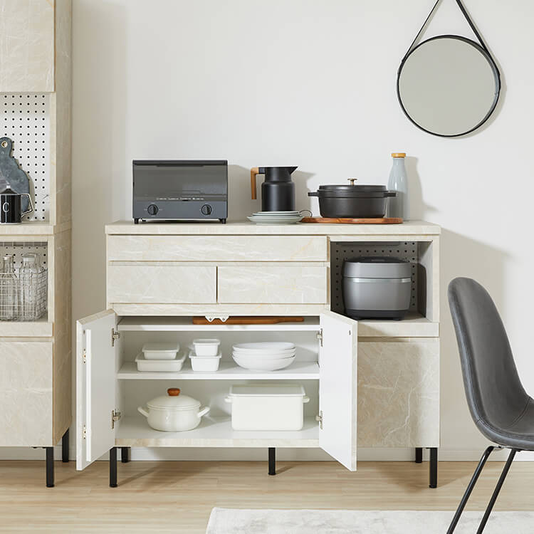 キッチンカウンター キッチンラック 食器棚 大理石柄 キッチンボード キッチン収納 スライド 国産 ストーン風