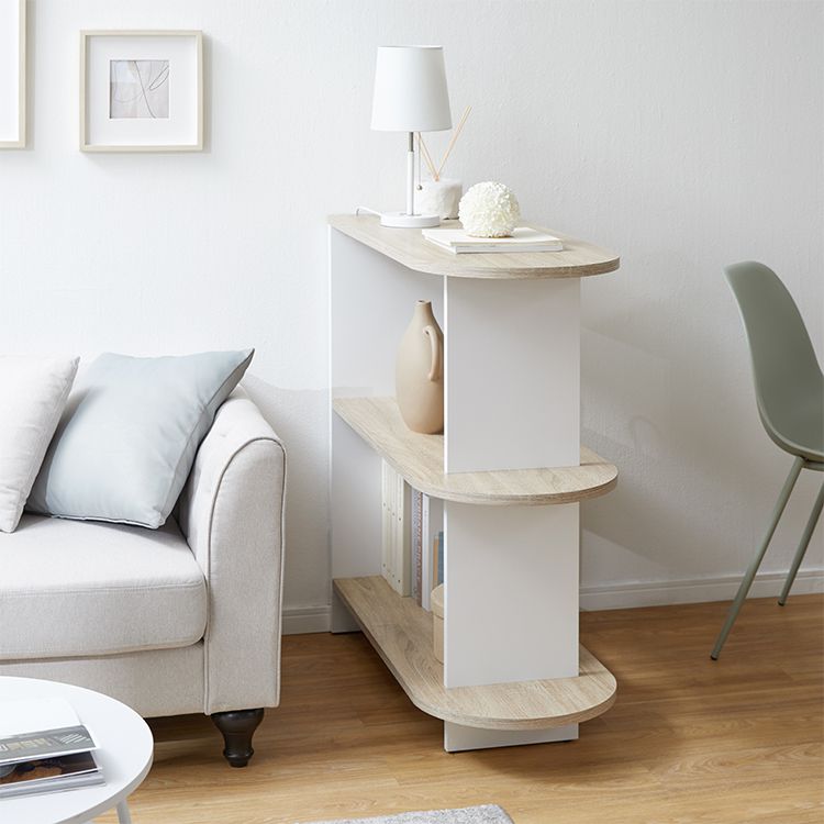 Open shelves, visible storage, partitions, side tables