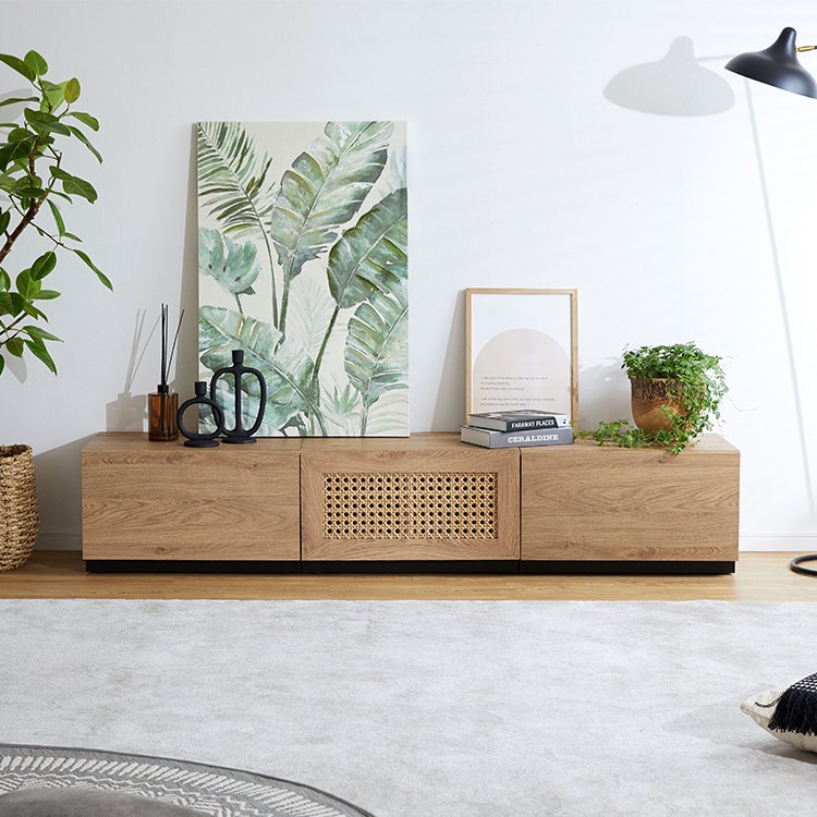 Rattan-style TV stand, wooden, steel legs, rearrangeable, Korean interior