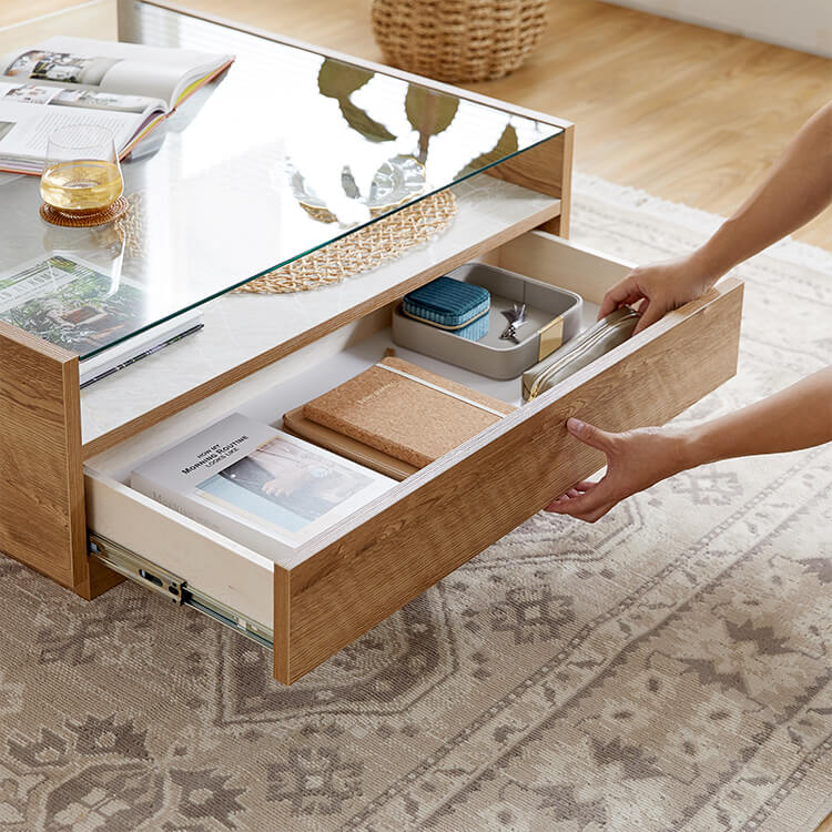 Wooden center table with glass top and stone effect