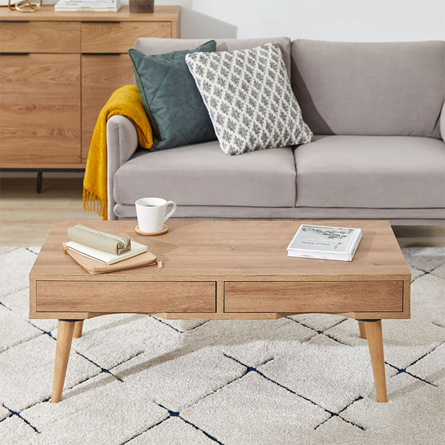 Living room table, low desk, with drawer, with storage, solid wood legs, low table, center table