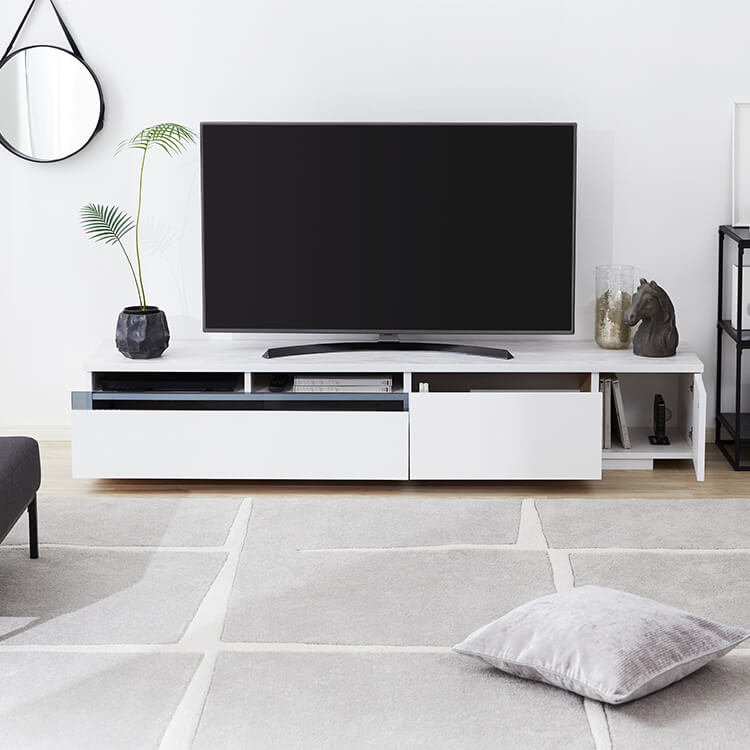 Low TV stand with storage, marble pattern, marble furniture, cord hole, made in Japan, finished product