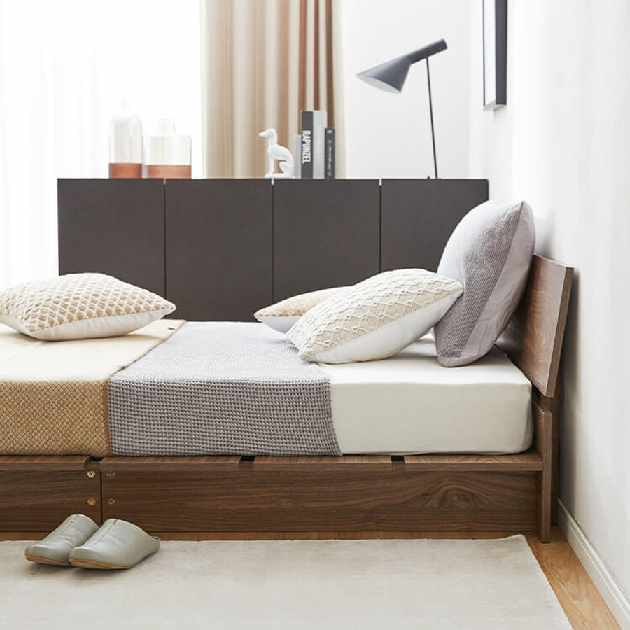 Bed frame, low-type slatted bed, wood grain finish [D]