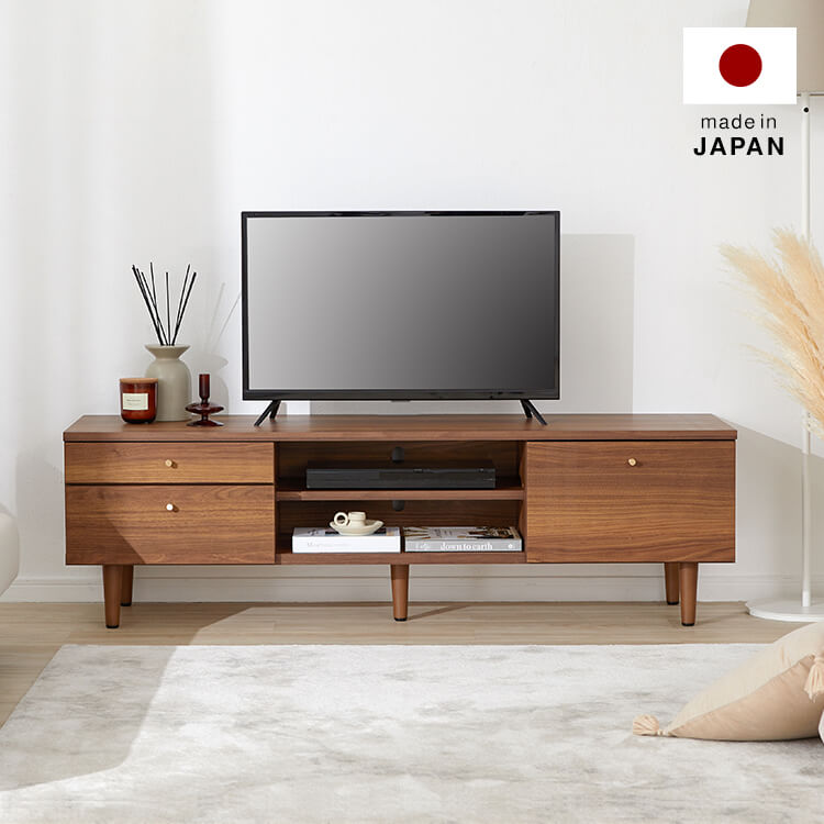 Wood-grain TV stand, brass, wooden legs, made in Japan