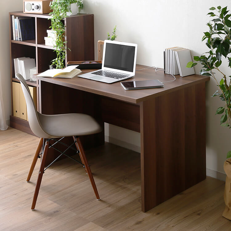 Work desk with power strip storage, flat desk, wood grain, office [width 100]