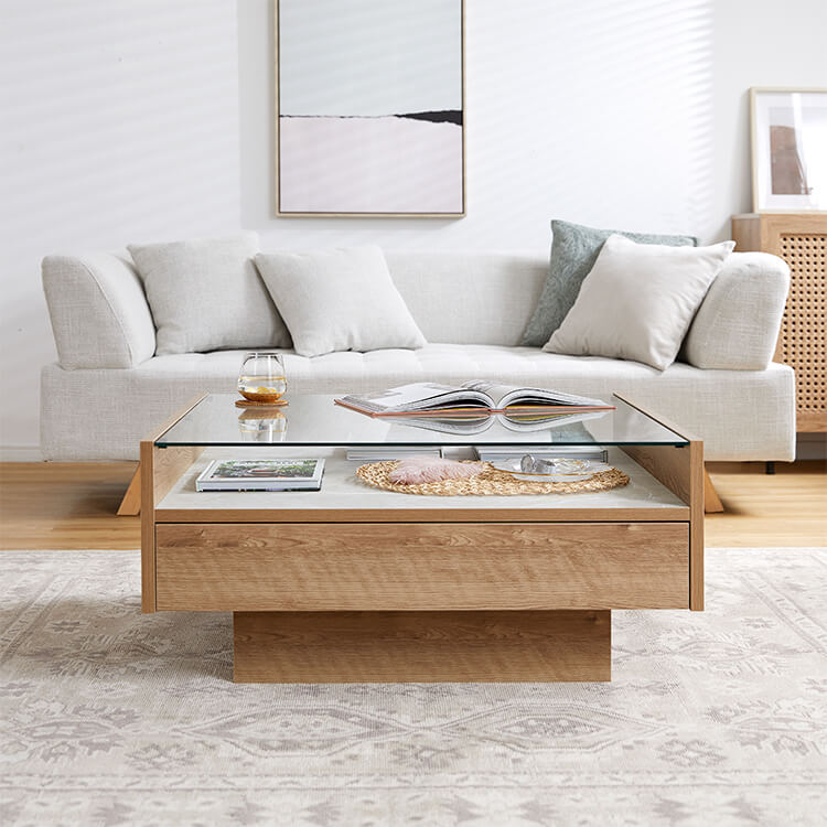 Wooden center table with glass top and stone effect