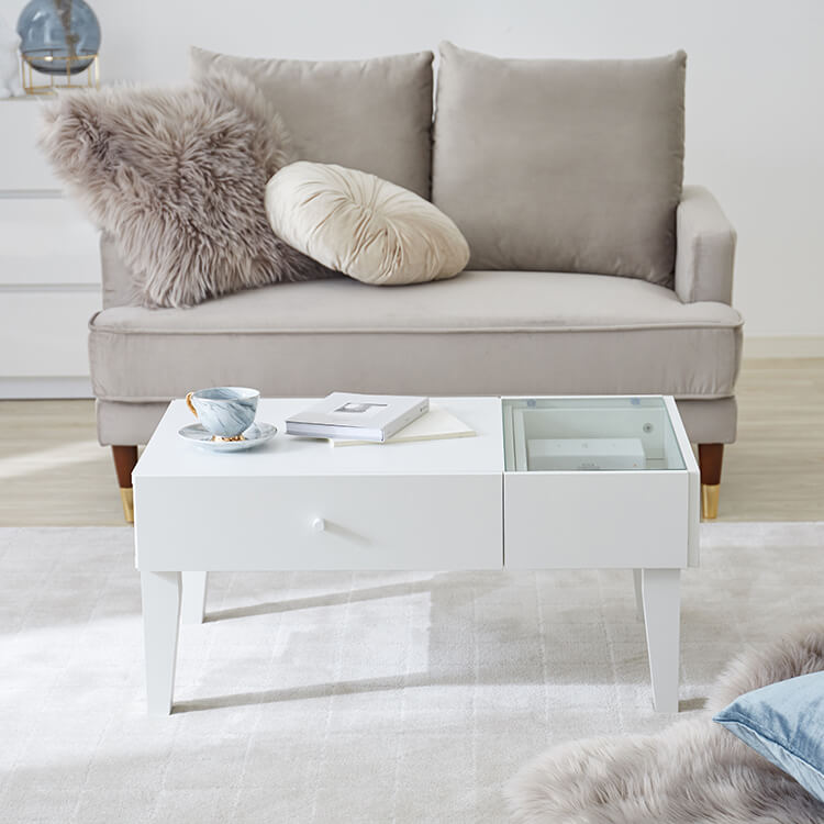 Low table, living room table, center table, glass top, wooden, with drawer