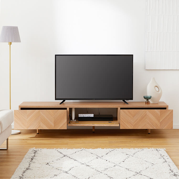 Wooden TV stand, herringbone pattern, made in Japan
