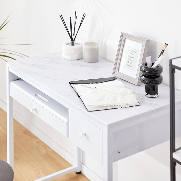 Compact desk with drawer, glass top, nail desk