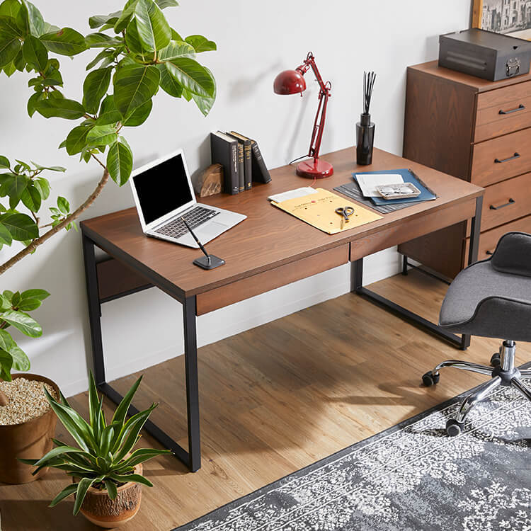 Computer desk made of natural wood with steel legs, vintage, office