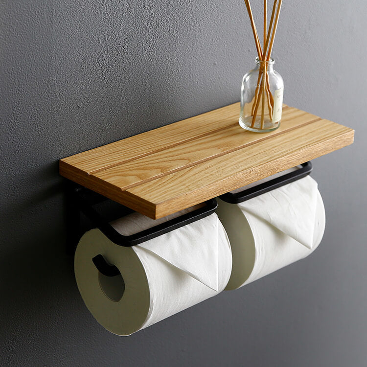 Toilet paper holder, twin type, made of natural wood, steel, vintage