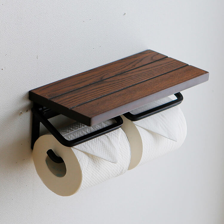 Toilet paper holder, twin type, made of natural wood, steel, vintage