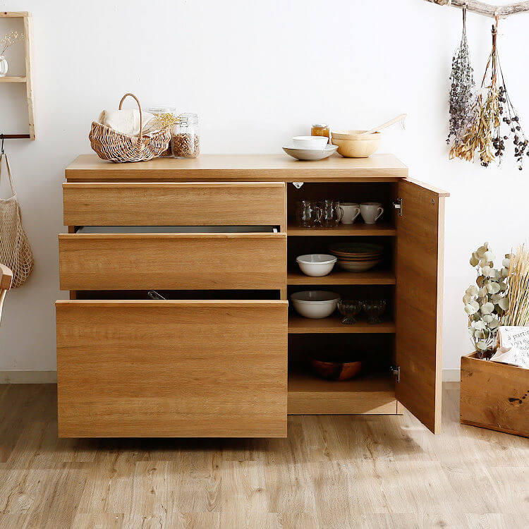 Cupboards, range boards, drawers, adjustable shelves, kitchen storage, domestically produced, made in Japan