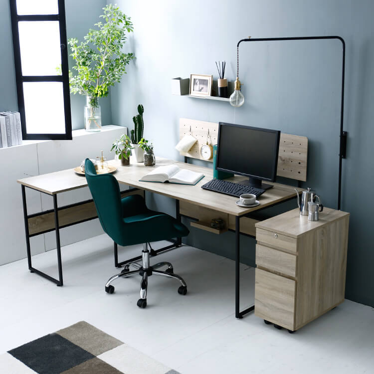 System desk 4-piece set with side desk, wagon and power strip storage, made of wood, vintage style, industrial