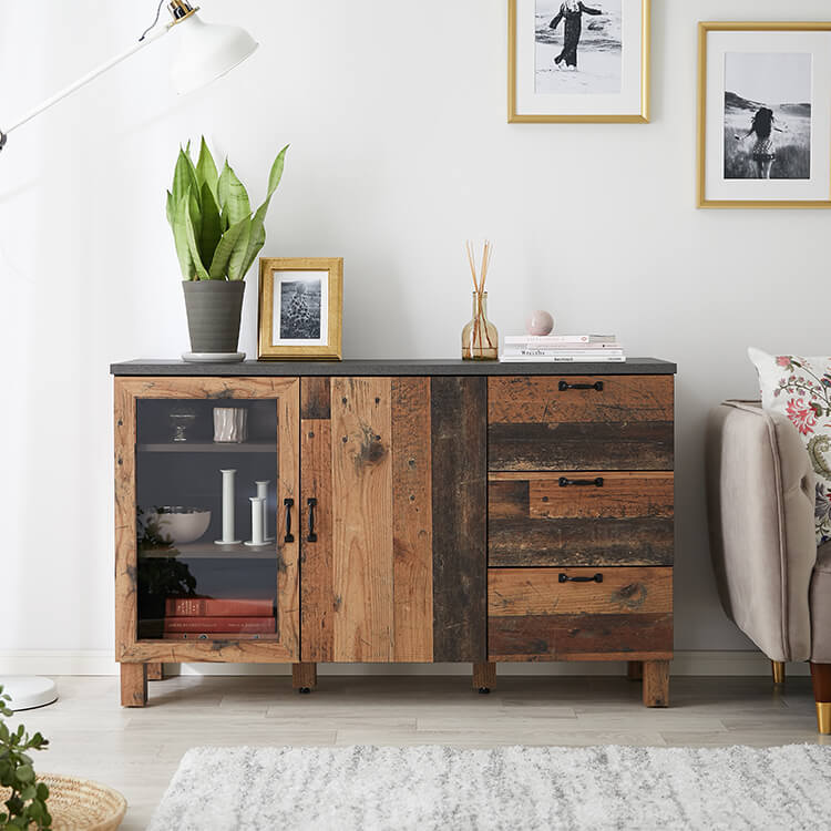Storage shelf cabinet with tempered glass, wood grain, concrete pattern, legs
