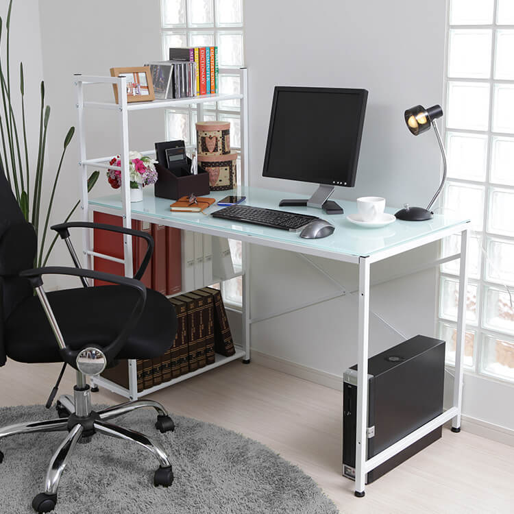 Computer desk, choice of glass or wooden top, integrated storage rack, steel