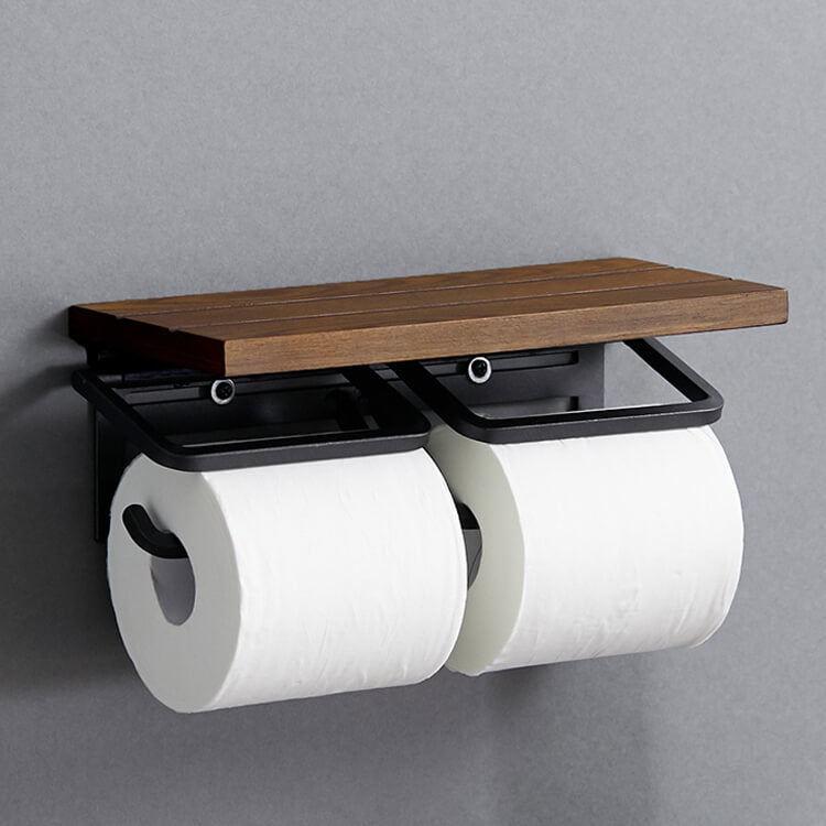 Toilet paper holder, twin type, made of natural wood, steel, vintage