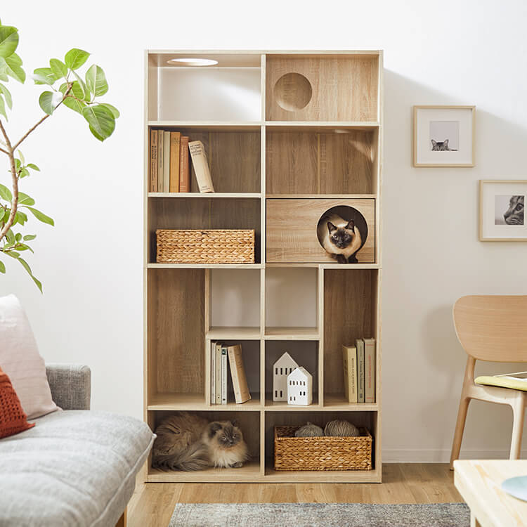 Wall-mounted bookshelf with catwalk, storage shelf, reversible, wooden
