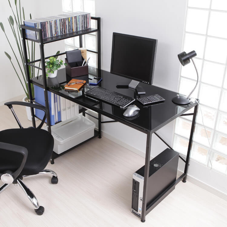Computer desk, choice of glass or wooden top, integrated storage rack, steel