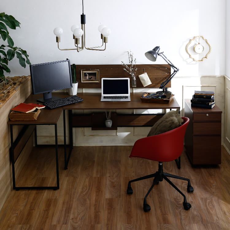 System desk 4-piece set with side desk, wagon and power strip storage, made of wood, vintage style, industrial