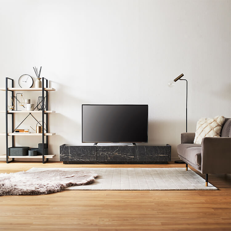 Japanese-made low TV stand with storage, steel legs, marble pattern, marble furniture