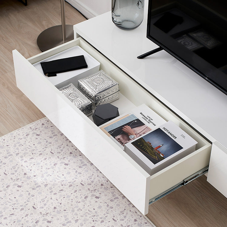 Low TV stand, semi-finished product, clear legs, cord storage, slide storage