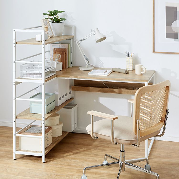 Computer desk with bookshelf and storage, corner desk, wood grain finish