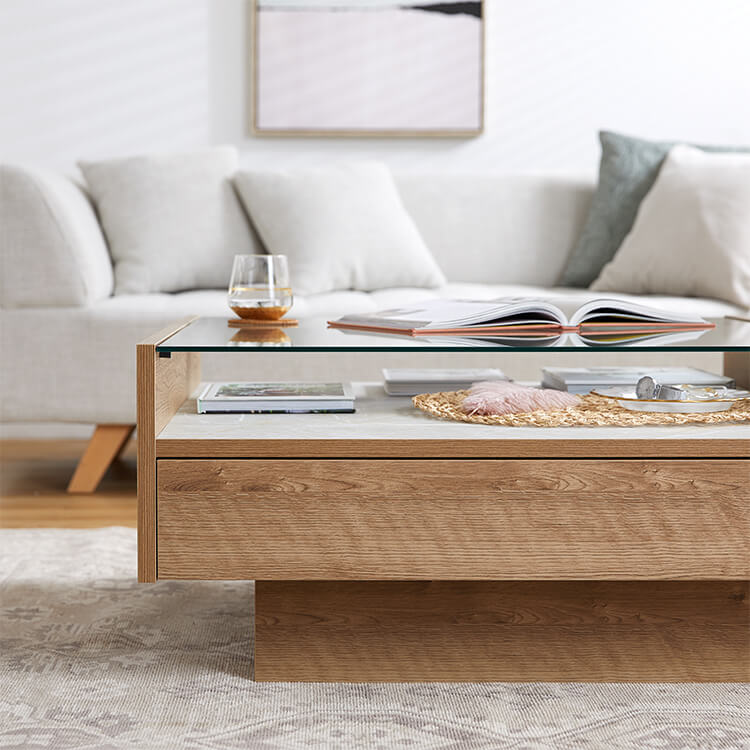 Wooden center table with glass top and stone effect