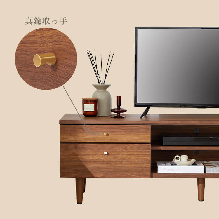 Wood-grain TV stand, brass, wooden legs, made in Japan