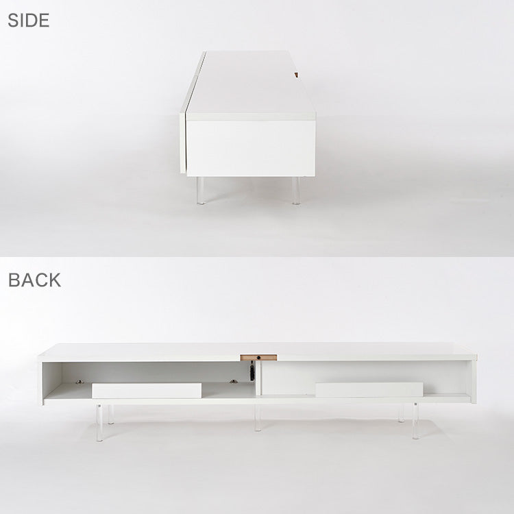 Low TV stand, semi-finished product, clear legs, cord storage, slide storage