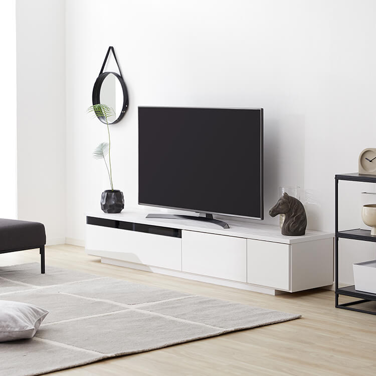 Low TV stand with storage, marble pattern, marble furniture, cord hole, made in Japan, finished product