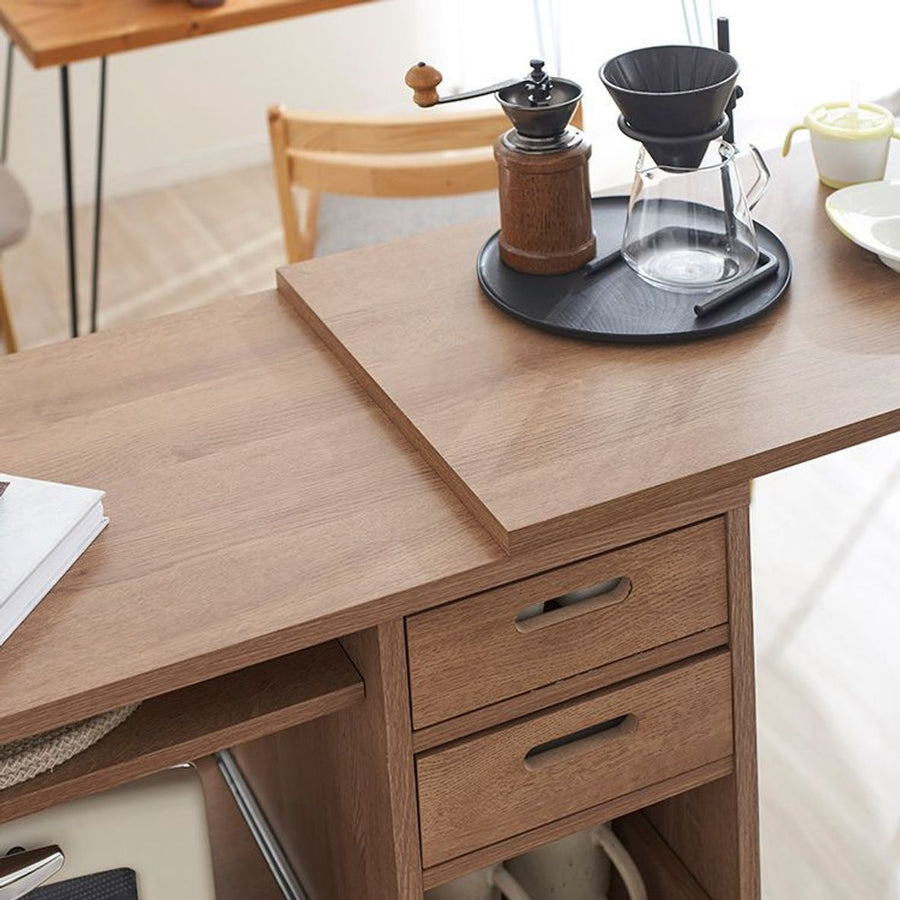 伸縮式キッチンカウンター 食器棚 木目調