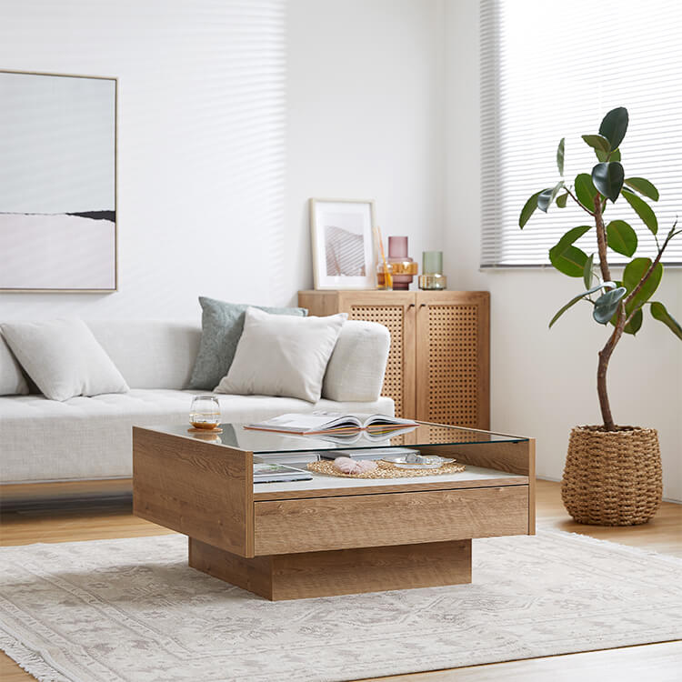 Wooden center table with glass top and stone effect